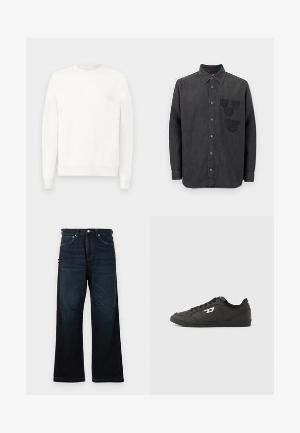 Hvid crewneck sweatshirt lavet af blødt stof, med ribbede manchetter og kant, og med et diskret logo trykt på brystet i lysegrå.; Sort denimskjorte med knaplukning foran, lange ærmer, krave og tre broderede mærker på venstre bryst. Struktureret stof.; Mørkeblå lige ben jeans med klassisk fem-lomme design, bæltestropper og subtile falmede detaljer foran og på knæene.; Sorte syntetiske sneakers med en struktureret sort sål, rund tå og flade sorte snørebånd. Fremtrædende hvidt logo på ydersiden.