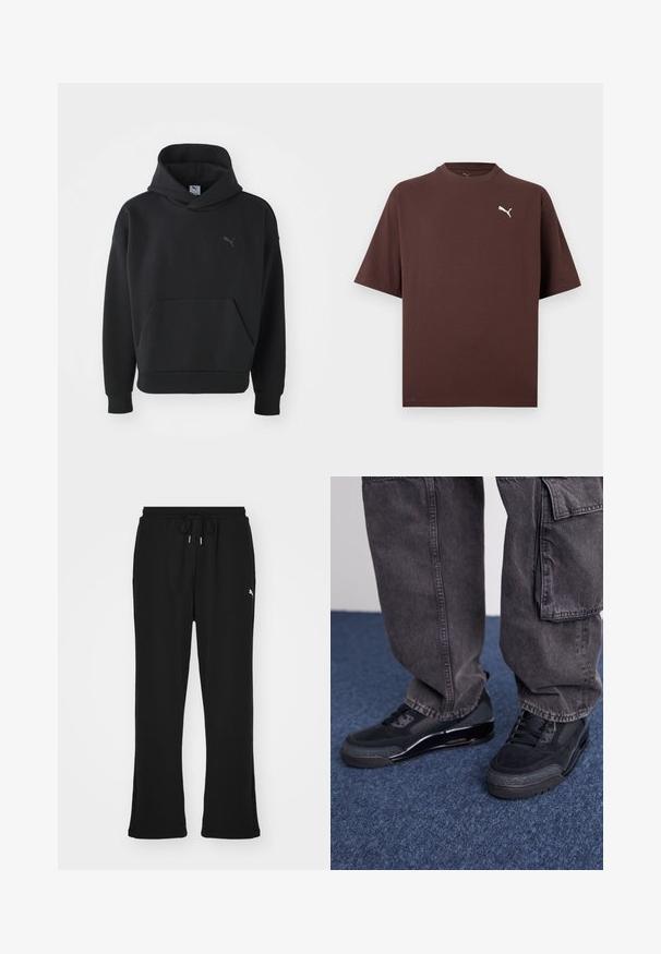 Musta kapuutsiga sviiter, mis on valmistatud pehmest kangast, esifööniga ja rinna peal halli värvi diskreetse Puma logoga. Igapäevane disain koos soonikute mansettidega.; Pruun lühikeste varrukatega ümara kaelusega T-särk, mille vasakul rinnal on väike valge Puma logo, valgel taustal.; Mustad mustad püksid elastse vöökoha ja paeluugiga, küljetaskud ja peen logo vasakul jalal. Pehme kangas, laienev lõige.; Mustad mustrennijalats, millel on tekstuuriga pind, silejad aktsentid ja paks tald, koos tumedate, lahtiste cargo-pükstega.