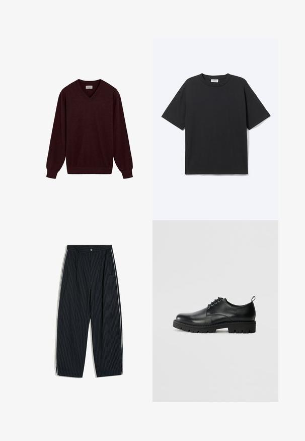 Pull en V bordeaux en laine douce. Doté de manches longues et de poignets et d'un ourlet côtelés. Petit logo sur la poitrine.; T-shirt noir à manches courtes avec col rond, coupe décontractée, vue de face, design uni et étiquette de la marque Weekday visible à l’intérieur du col.; Pantalon large à fines rayures noires avec bandes blanches sur les côtés et fermeture par bouton à la taille.; Chaussure en cuir noir à bout arrondi, présentant un design à lacets, une semelle en caoutchouc noire robuste et un petit onglet de talon à l'arrière.