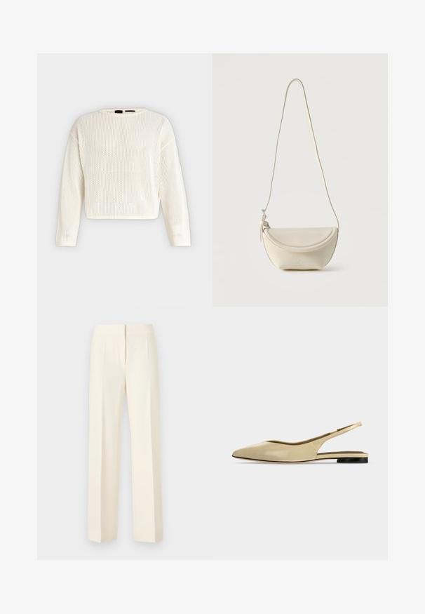 Pull blanc à manches longues en maille lâche, col rond et coupe légèrement courte, présenté sur un fond uni.; Pantalon droit sur mesure couleur blanc cassé avec pli avant, ceinture et fermeture avant dissimulée sur un fond uni.; Chaussure plate beige à bout pointu avec bride arrière, petit talon noir et finition en cuir lisse, vue de côté sur un fond uni.; Petit sac bandoulière en cuir crème avec rabat incurvé et longue lanière fine suspendu sur un fond uni.