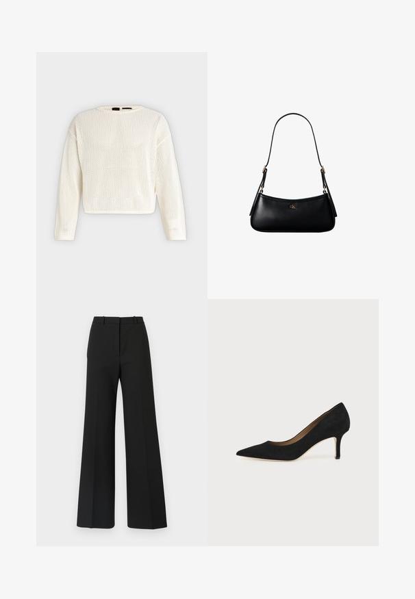 Pull blanc à manches longues en maille lâche, col rond et coupe légèrement courte, présenté sur un fond uni.; Pantalons black à jambes larges avec un design sur mesure, présentant une texture lisse et de subtils plis à l'avant. Pas de garnitures ou de motifs visibles.; Escarpin en daim noir à bout pointu avec un talon stiletto fin de hauteur moyenne et un design à coupe basse sur un fond uni.; Mini sac à bandoulière en cuir noir avec une fine bandoulière et un petit logo CK doré au centre avant.