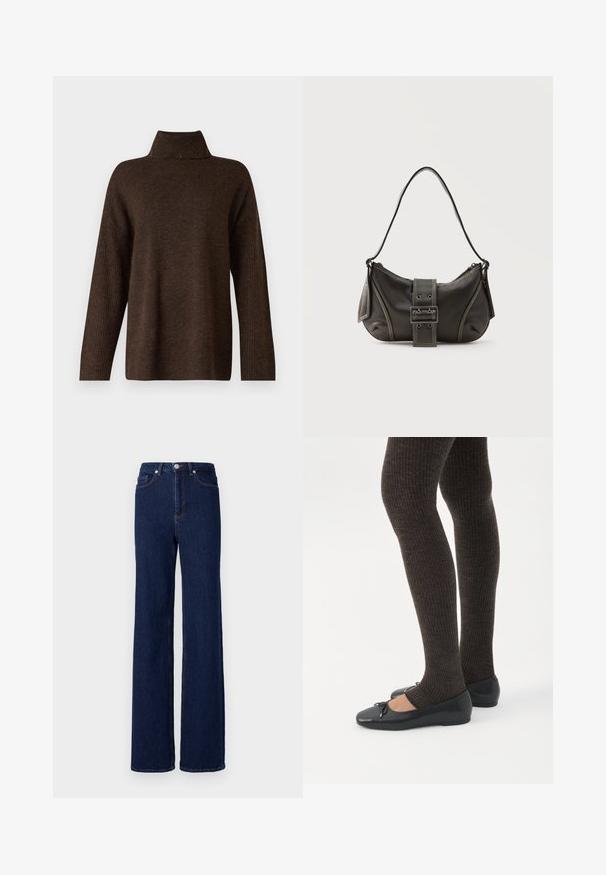 Brun strikket sweater med høj ribkant, brede ærmer og en blød tekstur. Har en afslappet pasform og ribbede detaljer på ærmerne.; Mørkeblå denim jeans med høj talje, bred benudskæring og klassisk fem-pocket design. Afsluttet med kontrastsyning og en metalknap.; Ben iført mørke ribbede leggings kombineret med sorte balletsko med små sløjfedetaljer på hvid baggrund.; Sort læder skuldertaske med spænde på remmen, afrundede kanter og kontrasterende hvide syninger på en ensfarvet baggrund.