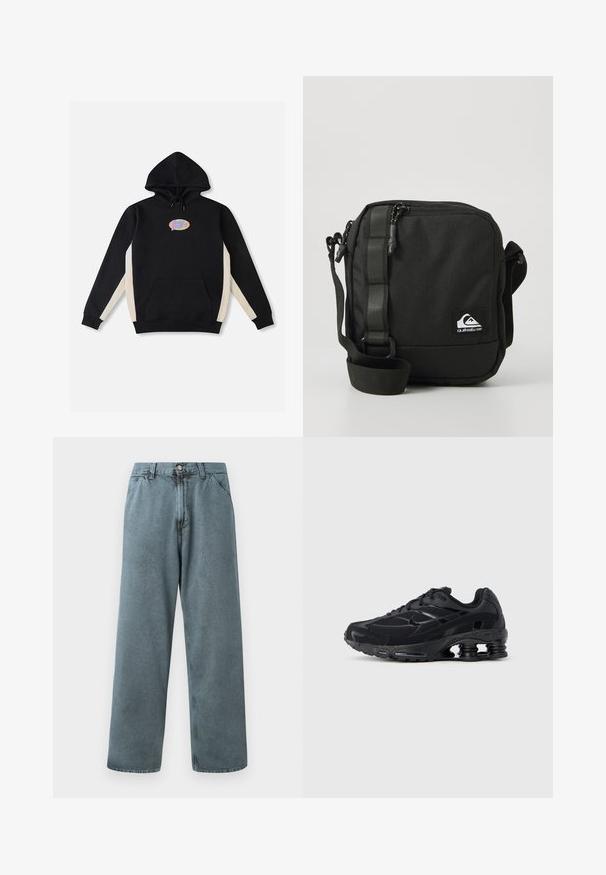 Sweat à capuche noir avec panneaux latéraux crème, poche avant kangourou, et un logo ovale coloré sur la poitrine. Fabriqué en tissu doux.; Pantalon en denim bleu clair avec une coupe droite, présentant une fermeture à bouton classique et un design à cinq poches. Texture douce et détails de couture minimalistes.; Chaussure de sport noire avec une tige en mesh, un col rembourré et une technologie d'amorti proéminente au talon. Caractérisée par des accents texturés et des lacets.; Sac à bandoulière noir compact avec sangle ajustable, poche zippée à l'avant et un petit patch de logo Quiksilver blanc.