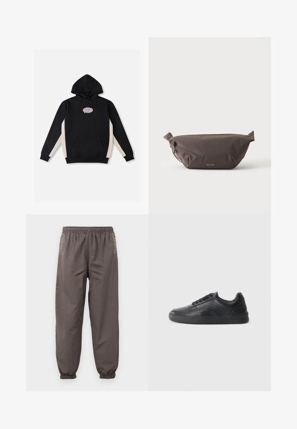 Sweat à capuche noir avec panneaux latéraux crème, poche avant kangourou, et un logo ovale coloré sur la poitrine. Fabriqué en tissu doux.; Pantalons gris foncé à taille élastique avec une coupe décontractée. Présentent des poignets froncés et une broderie subtile sur les côtés. Tissu léger.; Chaussure de sport en cuir noir avec une finition lisse, bout arrondi, panneau latéral texturé et lacets noirs. Présente une semelle en caoutchouc plate et un design minimaliste.; Sac banane en tissu marron foncé avec poche zippée en diagonale et petit logo blanc sur le devant, sur un fond clair uni.