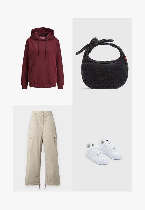 Bordeaux hoodie lavet af blødt stof med en front kangaroo-lomme, justerbare snore og et lille logo på brystet.; Lys beige cargo bukser med en afslappet pasform, der har knaplukning, sidelommer og justerbar kant med snore. Glat stoftekstur.; Hvide Nike Air Force 1 sneakers med en glat læderoverdel, perforeret tåboks, hvide snørebånd og sort branding på tungen.; Lille sort denim skuldertaske med knyttet rem og lynlåslukning, med en rød Levi's stofetiket på siden.
