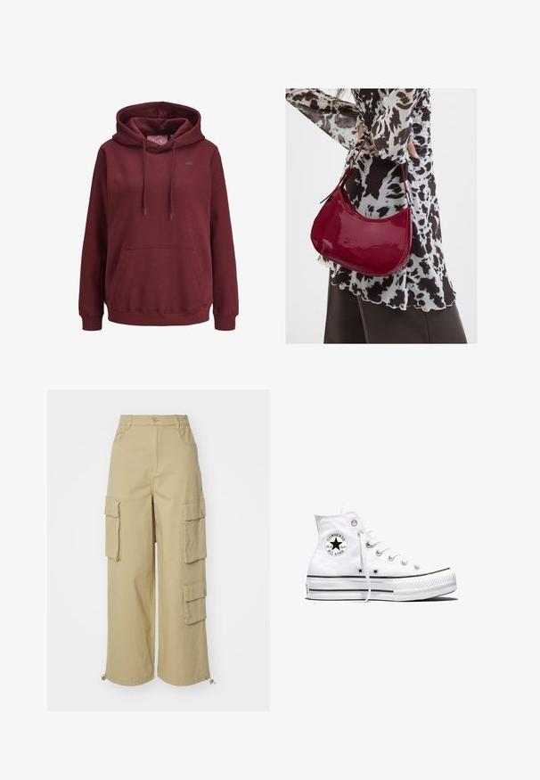 Bordeaux hoodie lavet af blødt stof med en front kangaroo-lomme, justerbare snore og et lille logo på brystet.; Beige cargo bukser med brede ben, to store sidelommer, lommer foran og snoretræk detalje ved kanten. Fabrik af bomuldsblanding.; Hvid højtop Converse Chuck Taylor All Star-sneaker med sort logo-patch og hvide snørebånd, vist på hvid baggrund.; Kvinde iført en sort- og hvidmønstret bluse, der holder en blank rød skuldertaske mod en ensfarvet baggrund.