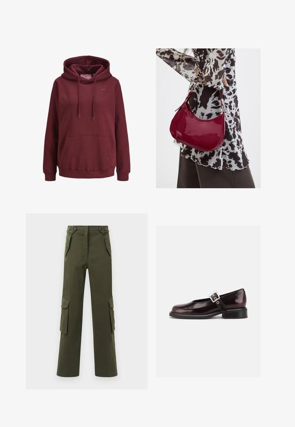 Bordeaux hoodie gemaakt van zachte stof met een voorzak, verstelbare trekkoorden en een klein logo op de borst.; Olijfgroene cargobroek gemaakt van katoen, met een recht model, twee zijzakken en twee cargozakken op elke pijp.; Enkele glanzende donker bordeauxrode Mary Jane schoen met brede band en zilveren gesp, lage blokhak en afgeronde neus op witte achtergrond.; Vrouw met een zwart-wit gebloemde blouse houdt een glanzende rode schoudertas vast tegen een effen achtergrond.