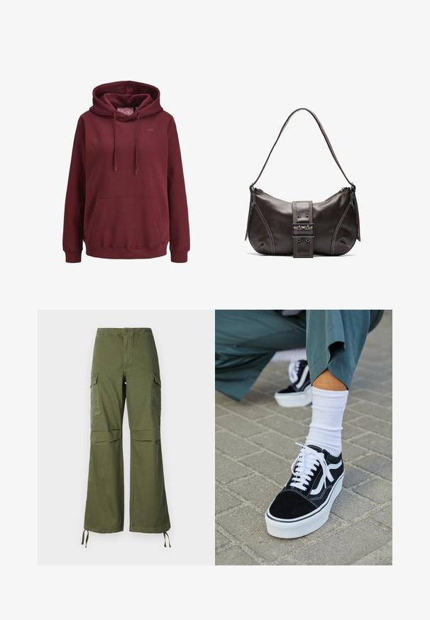 Bordeaux hoodie lavet af blødt stof med en front kangaroo-lomme, justerbare snore og et lille logo på brystet.; Olivengrønne cargo-buksen i bomuld med bred ben-design, to sidelommer og justerbare snore ved kanten.; Sorte ruskinds sneakers med hvide accenter og snørebånd, der har en tyk hvid sål og kontrasterende syninger, parret med en hvid sok.; Brun læder skuldertaske med en buet form, der har et fremtrædende spænde, kontrasterende syninger og en enkelt skulderrem.