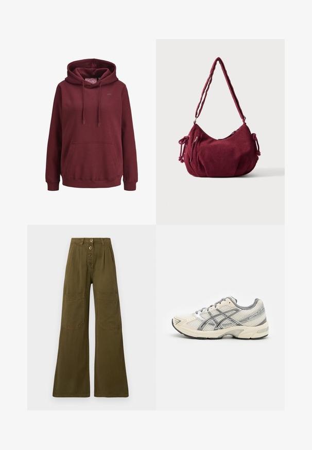 Bordeaux hoodie lavet af blødt stof med en front kangaroo-lomme, justerbare snore og et lille logo på brystet.; Olivengrønne bukser med vid ben, høj talje, lukning med fire knapper foran og store rektangulære lappelommer på lårene.; Løbesko med en åndbar hvid mesh-overdel, sølvdetaljer, grå snørebånd og en holdbar sort gummisål. Letvægts, polstret design.; Blød bordeaux kordfløjls skuldertaske med justerbar rem, lynlås lukning, sidelommer med bindebånd og en front lynlåslomme.