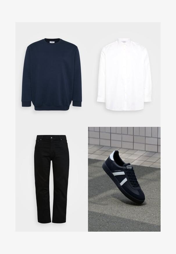 Sweatshirt bleu marine en mélange de coton doux, avec un col rond, des manches longues et des poignets et ourlet côtelés. Design minimaliste sans motifs.; Chemise blanche à manches longues et boutonnée, en coton. Présente un col pointu et six boutons sur le devant. Texture lisse, coupe régulière.; Jean noir en coton, avec une coupe classique, un design à cinq poches et un bouton métallique. Texture lisse avec des jambes droites.; Sneaker en cuir noir avec des rayures blanches, semelle en caoutchouc texturée et devant à lacets. Présente une étiquette de marque sur la languette.