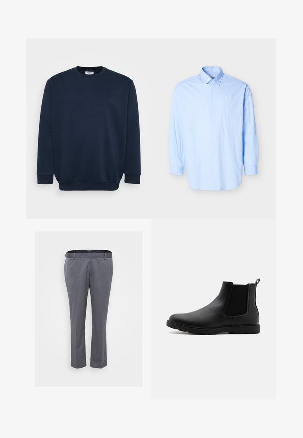 Marineblå sweatshirt lavet af blød bomuldsblanding, med rund hals, lange ærmer og ribbede manchetter og kant. Minimalistisk design uden mønstre.; Lyseblå langærmet skjorte med knapper, spids krave og brystlomme, vist på en ensfarvet hvid baggrund.; Grå skrædderbukser med lige ben-design, lavet af tekstureret stof. Har bæltestropper og lynlåslukning.; Sorte læder Chelsea støvle med elastiske sidepaneler, en trækflap og en holdbar gummisål. Glat tekstur og strømlinet design.