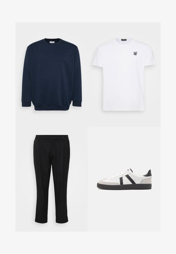 Marineblå sweatshirt lavet af blød bomuldsblanding, med rund hals, lange ærmer og ribbede manchetter og kant. Minimalistisk design uden mønstre.; Hvid bomuld t-shirt med rund halsudskæring. Har et lille sort broderet logo på brystet. Korte ærmer og en lige pasform.; Sorte skræddersyede bukser med lige bendesign. Fremstillet af et glat stof, med knaplukning og to forlommer.; Hvide sneakers med sorte og grå detaljer, med en tekstureret grå tåhætte, sort gummisål og flade hvide snørebånd. Rent design, minimalistisk stil.