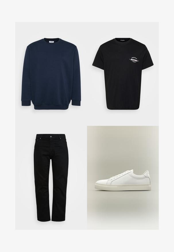 Marineblå sweatshirt lavet af blød bomuldsblanding, med rund hals, lange ærmer og ribbede manchetter og kant. Minimalistisk design uden mønstre.; Sort bomulds-T-shirt med rund hals, korte ærmer og et hvidt trykt logo på venstre bryst. Klassisk pasform og glat tekstur.; Sorte jeans lavet af bomuld, med klassisk snit, fem-lomme design og metalknaplukning. Glat tekstur med lige ben.; Hvid lavtop sneaker med snørebånd foran og tyk sål, vist fra siden mod en neutral baggrund.