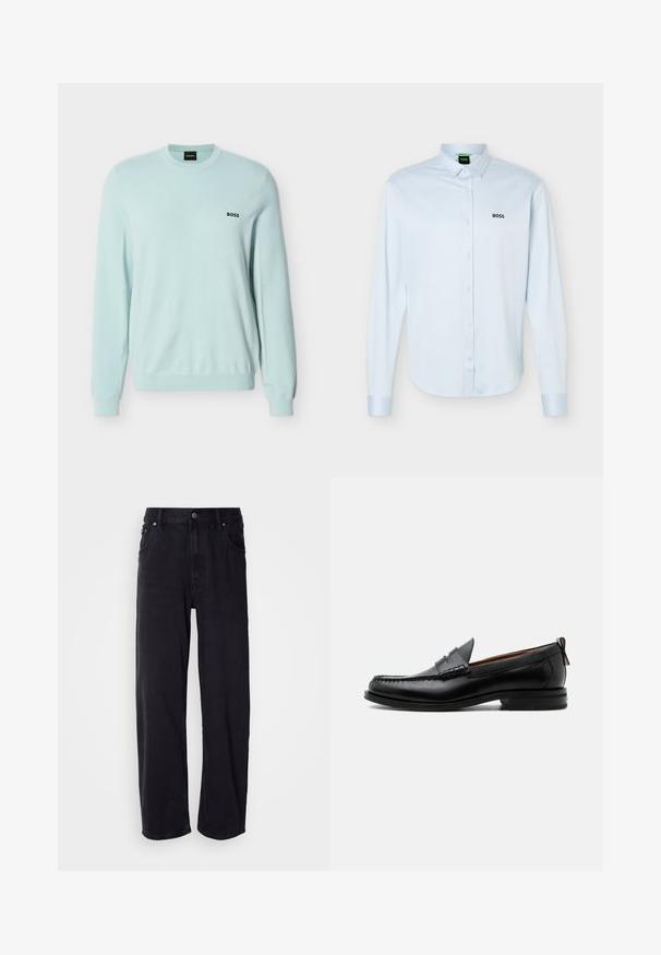 Pull tricoté bleu clair à manches longues avec col rond, poignets en côtes et logo "BOSS" brodé sur le côté gauche de la poitrine.; Chemise bleu clair à manches longues, boutonnée avec col, logo noir "BOSS" sur le côté gauche de la poitrine, et poignets avec boutons.; Jean en denim noir à coupe ample, avec une taille haute, cinq poches et des boutons en métal. Le tissu présente une texture mate.; Mocassin homme en cuir noir avec couture moc toe, bride penny, col texturé et petit talon empilé sur fond blanc.