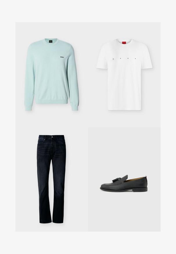 Pull tricoté bleu clair à manches longues avec col rond, poignets en côtes et logo "BOSS" brodé sur le côté gauche de la poitrine.; T-shirt blanc à manches courtes avec col rond, lettres noires espacées formant le mot HUGO sur la poitrine et une étiquette rouge à l’intérieur du col.; Jean droit couleur indigo foncé avec fermeture avant à boutons et zip, passants pour ceinture et design à cinq poches, présenté sur un fond clair uni.; Mocassin pour homme en cuir noir avec pompons, bout arrondi, petit talon et languette à l'arrière, présenté de profil sur un fond gris clair.