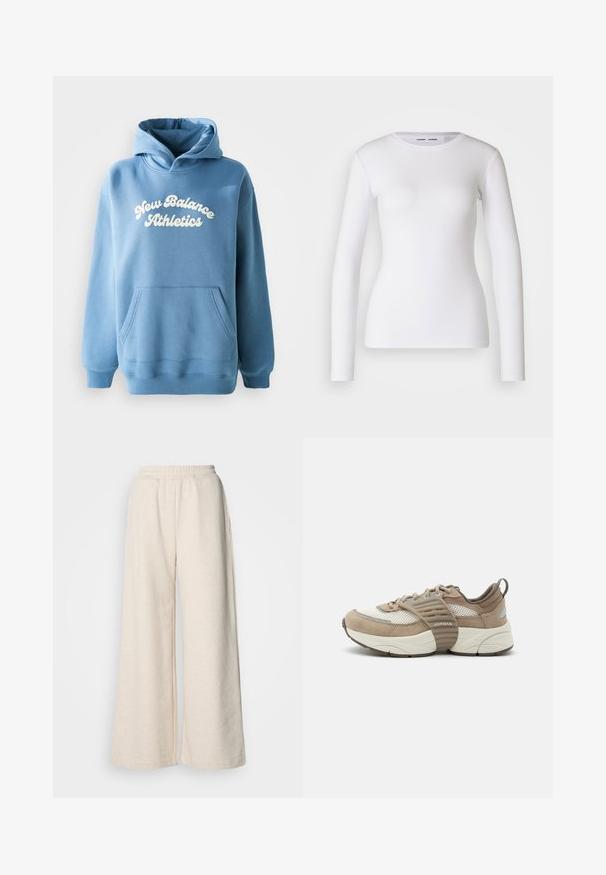 Sweat à capuche bleu en tissu coton mélangé, doté d'une poche kangourou et d'un logo blanc "New Balance Athletics" sur le devant.; Chemise blanche à manches longues en tissu côtelé, avec un col rond et une coupe cintrée. Aucun motif ni accent présent.; Pantalons taille haute à jambes larges en tissu beige clair. Dotés d'une taille élastique et de poches latérales. Texture douce avec un design décontracté.; Baskets de sport beige et blanches avec des panneaux en mesh et en daim, une semelle blanche épaisse et une large bride beige avec l'inscription « Jordan » sur le médio-pied.