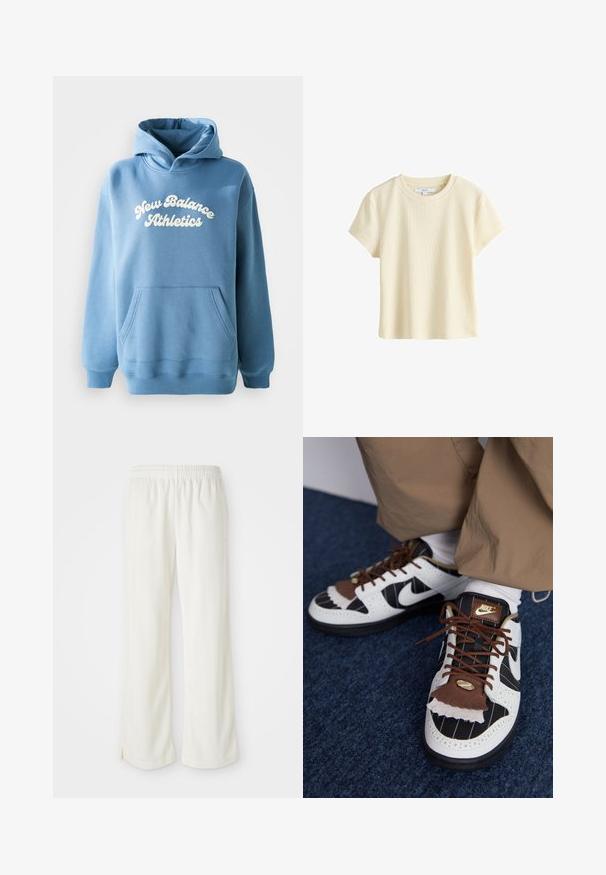 Modrá mikina s kapucňou vyrobená z bavlneného zmesi, s klokankovou kapsou a bielym logom "New Balance Athletics" na prednej strane.; Krátky krémový ribovaný crop top s krátkym rukávom a guľatým výstrihom, zobrazený na bielom pozadí, s malou značkovou štítkom vo vnútri goliera.; Krémyové nohavice s širokým strihom, vyrobené z ľahkého materiálu, s vertikálnymi pruhmi a elastickým pásom.; Nike tenisky v bielej, čiernej a hnedej farbe. Obsahujú textúrovaný hnedý chlopňu, pruhovaný design a tradičné šnurovanie so zlatými akcentmi.