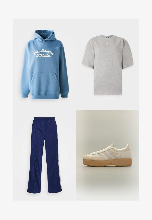 Sweat à capuche bleu en tissu coton mélangé, doté d'une poche kangourou et d'un logo blanc "New Balance Athletics" sur le devant.; T-shirt Adidas gris clair à manches courtes avec col rond et petit logo Adidas blanc sur la poitrine, présenté sur un fond simple.; Pantalons de sport navy avec une taille élastique, jambes droites et zippers sur les côtés. Présente des passepoils blancs le long des côtés. Texture de tissu lisse.; Baskets Adidas crème et beige avec semelle en gomme, trois bandes sur le côté et "SPECIAL" écrit en or près des lacets.