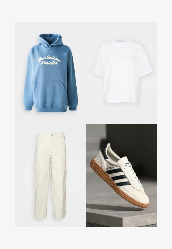 Sudadera azul hecha de una mezcla de algodón, con un bolsillo canguro y un logo blanco de "New Balance Athletics" en la parte delantera.; Camiseta de algodón blanca con cuello redondo, mangas cortas y un corte relajado. Presenta un logo sutil en el área del pecho izquierdo. Textura suave.; Pantalones de utility color beige claro con un corte relajado, cierre de botón y bolsillos con parche en la parte frontal. Fabricados en un resistente tejido de algodón.; Zapatilla de ante blanca con franjas en azul marino, suela de goma, parte superior texturizada, puntera redonda y cordones; presenta una marca en el lateral y en la lengüeta.
