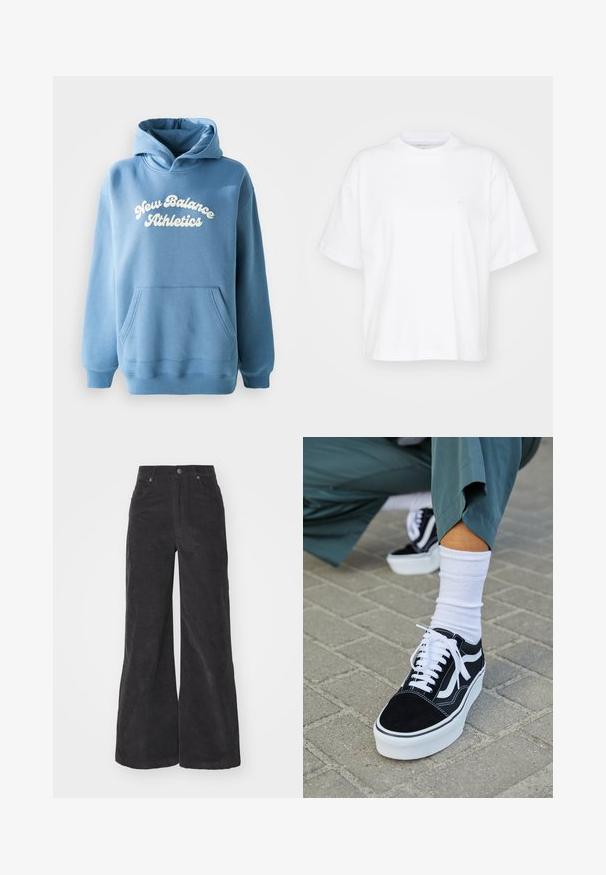 Sweat à capuche bleu en tissu coton mélangé, doté d'une poche kangourou et d'un logo blanc "New Balance Athletics" sur le devant.; T-shirt en coton blanc avec un col rond, des manches courtes et une coupe décontractée. Présente un logo discret sur la zone gauche de la poitrine. Texture lisse.; Pantalons large en velours côtelé noir avec taille haute, poches avant et fermeture à bouton. Le tissu présente une surface douce et texturée.; Baskets en suède noir avec des accents et des lacets blancs, présentant une épaisse semelle blanche et des coutures contrastantes, associées à une chaussette blanche.