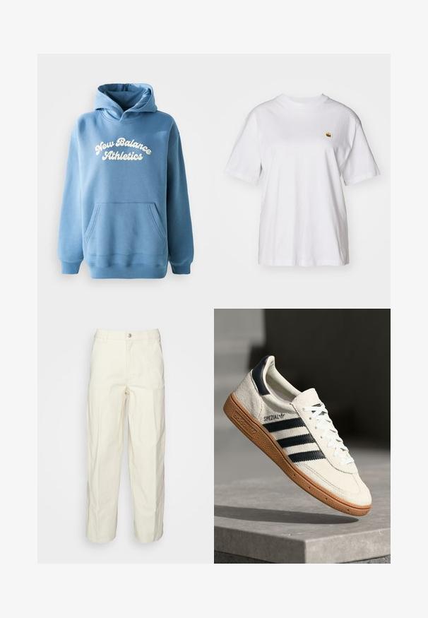 Sudadera azul hecha de una mezcla de algodón, con un bolsillo canguro y un logo blanco de "New Balance Athletics" en la parte delantera.; Camisa de algodón blanca con corte relajado, mangas cortas y un pequeño logotipo bordado en el área del pecho izquierdo.; Pantalones de utility color beige claro con un corte relajado, cierre de botón y bolsillos con parche en la parte frontal. Fabricados en un resistente tejido de algodón.; Zapatilla de ante blanca con franjas en azul marino, suela de goma, parte superior texturizada, puntera redonda y cordones; presenta una marca en el lateral y en la lengüeta.