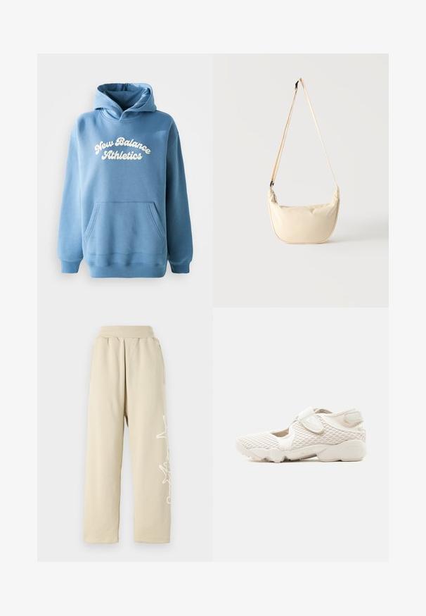Sinine kapuutsiga särk, mis on valmistatud puuvillasega segatud kangast, millel on ees suured taskud ja valge "New Balance Athletics" logo.; Bežad, lõdva lõikega dressipüksid elastse vööga, küljetaskud ja valge graafiline detail vasakul jalal. Pehme puuvillane materjal.; Hele beež Nike toss, millel on võrkkangast pealmine osa, takjapaelad, polsterdatud tald ja lõigatud küljed, disainitud mugavuseks ja õhutatavuseks.; Beež värvi poolkuu-kujuline õlakott pika reguleeritava rihmaga, mis ripub lihtsa heleda tausta ees.