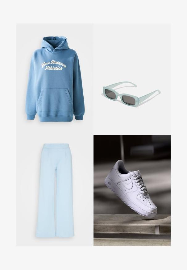 Blauwe hoodie van een katoenmix, met een kangoeroezak en een wit "New Balance Athletics" logo op de voorkant.; Lichtblauwe wijde broek gemaakt van zachte stof, met een gladde tailleband en voorplooien voor extra detail.; Witte Nike Air Force 1 sneaker die zweeft boven een betonnen oppervlak met schaduwen in een minimalistische setting.; Een paar rechthoekige zonnebrillen met lichtblauwe doorzichtige monturen en donkergrijze glazen, met rechte pootjes en minimale hardwaredetails.
