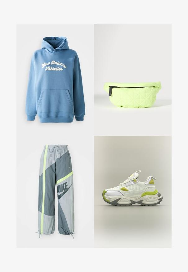 Blauwe hoodie van een katoenmix, met een kangoeroezak en een wit "New Balance Athletics" logo op de voorkant.; Nike trainingsbroek in verschillende tinten grijs, met reflecterende neonaccenten, een tailleband met trekkoord en een smalle enkel, voorzien van een groot logo.; Witte en lichtgroene chunky sneaker met dikke zool, veterfront en treklussen op de tong en hiel, weergegeven op een neutrale achtergrond.; Lichtgroene gestikte stoffen heuptas met zwarte rits en trekker, weergegeven op een neutrale achtergrond.