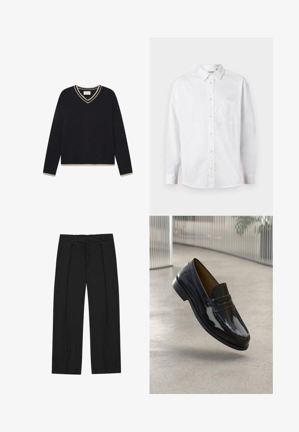 WOOD WOOD WWCOBEK V-NECK - Striktrøje - salute; Hvid langærmet skjorte med knapper, krave og brystlomme, vist på en ensfarvet lys baggrund.; Sorte bukser med lige ben, der har læg, sidelommer og en flad linning. Fremstillet af glat stof med en mat finish.; Sorte patentlæder loafer med en syet detalje, rund tå, lav hæl og glat overflade, præsenteret mod en neutral baggrund.