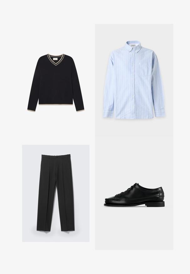 WOOD WOOD WWCOBEK V-NECK - Svetrík - salute; Svetlomodrá košeľa na gombíky s bielymi vertikálnymi pruhmi, dlhými rukávmi, zapnutým golierom a náprsným vreckom na jednoliatom pozadí.; Čierne nohavice na mieru so záhybmi vpredu, bočnými vreckami, pútkami na opasok a gombíkovým zapínaním v páse na svetlom pozadí.; Čierna kožená spoločenská topánka so šnurovaním, nízkym podpätkom a prešitím mok toe, zobrazená v ľavom profile na obyčajnom pozadí.