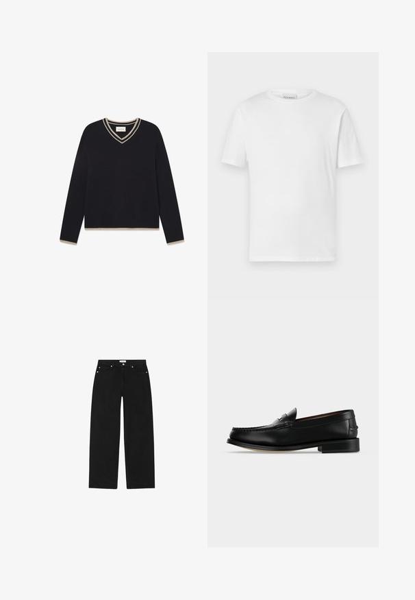 WOOD WOOD WWCOBEK V-NECK - Pullover - salute; T-shirt blanc à manches courtes en coton. Présente un col rond et un ourlet droit. Sans motifs ni embellissements. Design simple.; Jeans en denim noir avec une coupe droite, design à cinq poches et quincaillerie en ton argenté. Présente un tissu texturé et un style minimaliste.; Mocassin homme en cuir noir avec un petit talon et une couture de style mocassin sur l'avant, vu de côté sur un fond uni.