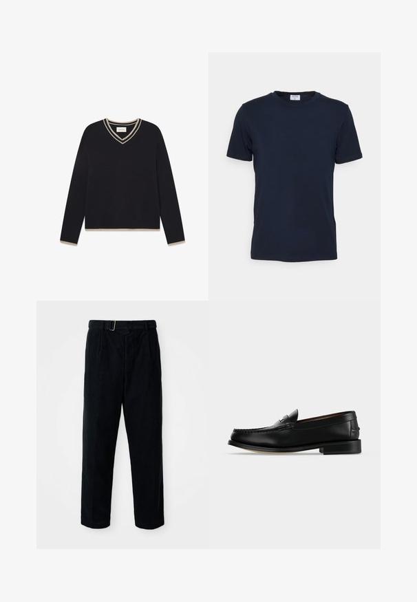 WOOD WOOD WWCOBEK V-NECK - Strickpullover - salute; Navyblaues T-Shirt mit Rundhalsausschnitt aus weicher Baumwolle. Kurze Ärmel mit klassischer Passform, mit einem Etikett am Hals. Glatte Textur, minimalistisches Design.; Schwarze Cordhosen mit geradem Schnitt, gefaltetem Vorderteil und einem Gürtel mit einer silbernen Schnalle. Verfügt über Seitentaschen und einen strukturierten Stoff.; Schwarzer Leder-Herrenschuh (Loafer) mit niedrigem Absatz und Mokassin-artiger Naht am Zehenbereich, seitlich auf einfarbigem Hintergrund dargestellt.