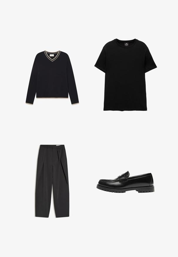 WOOD WOOD WWCOBEK V-NECK - Svetrík - salute; Čierne tričko s krátkym rukávom a okrúhlym výstrihom, s nálepkou Pull&Bear vo vnútri goliera, položené na bielej ploche.; Čierne vysoký pás elegantné nohavice s záhybmi, pútkami na opasok a rovnými nohavicami, zobrazené na bielom pozadí.; Čierna kožená mokasína s robustnou gumovou podrážkou a klasickým pásikom na penny, zobrazená z vonkajšej strany.