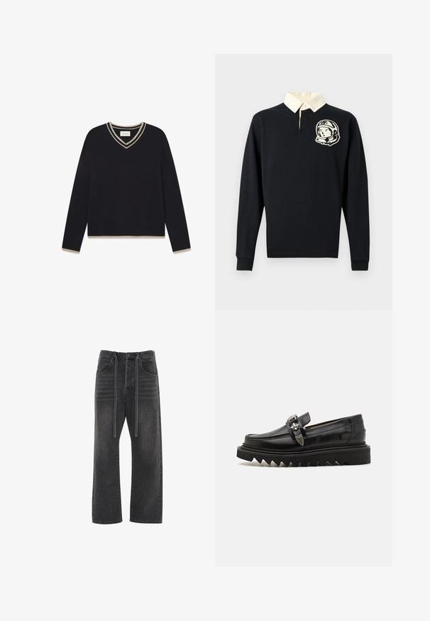 WOOD WOOD WWCOBEK V-NECK - Trui - salute; Zwart poloshirt met lange mouwen, een crème-kleurige kraag en een astronautengrafiek op de linkerborst. Gemaakt van katoenen stof.; Zwarte denim jeans met een rechte pijpdesign, voorzien van een hoge taille, twee zijzakken en verstelbare koordjes bij de taille.; Zwarte leren loafers met zilveren hardware accenten, een verhoogde zigzag zool en een slanke, afgeronde uitstraling; gladde textuur en glanzende afwerking.