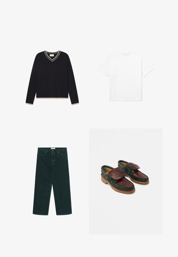WOOD WOOD WWCOBEK V-NECK - Strickpullover - salute; Weißes Baumwoll-T-Shirt mit kurzen Ärmeln, rundem Halsausschnitt und geradem Saum. Glatte Textur ohne sichtbare Muster oder Akzente.; Dunkelgrüne weit geschnittene Jeans aus Denim mit Knopf- und Reißverschluss, Fronttaschen und Gürtelschlaufen, flach auf einem weißen Hintergrund ausgelegt.; Lederschuhe mit einem dunkelgrünen Oberteil und einem bordeauxroten oberen Teil, runder Spitze, gesichertem Klappverschluss und einer strukturierten Gummisohle mit Rillen.