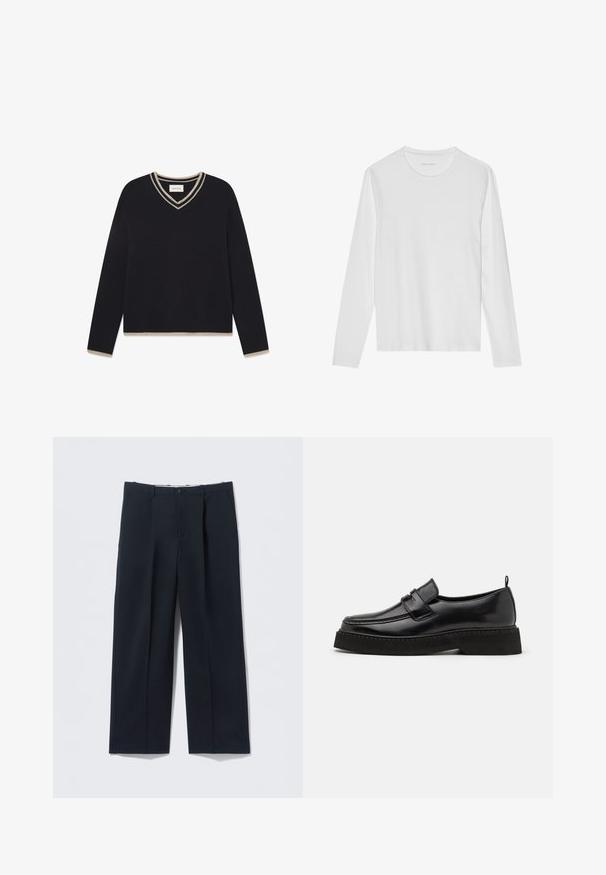 WOOD WOOD WWCOBEK V-NECK - Džemper - salute; Valget pikkade varrukatega t-särk, valmistatud pehmest puuvillast, ümar kaelusega ja sileda tekstuuriga, ilma nähtavate mustrite või aksessuaardeta.; Tumedat laeva-sinist värvi püksid, valmistatud siledast kangast, mis on istuva lõikega, kahe eesmise tasku ja nööbiga kinnitatavad.; Mustad musta nahast loafer-stiilis kingad, millel on lame, tekstuuritud tallad, tikitud varbaosa ja rihm jala keskel.
