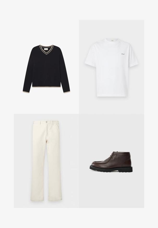 WOOD WOOD WWCOBEK V-NECK - Strickpullover - salute; Weißes Baumwoll-T-Shirt mit kurzen Ärmeln und Rundhalsausschnitt, mit einem kleinen schwarzen "Cloud"-Textlogo auf der linken Brust bestickt.; Off-white gerade geschnittene Hose mit Vordertaschen, Gürtelschlaufen und Knopfverschluss in der Taille.; Braune Leder-Stiefeletten mit runder Zehenform, ausgestattet mit Metallösen für die Schnürsenkel, genähten Details und einer robusten schwarzen Gummisohle.