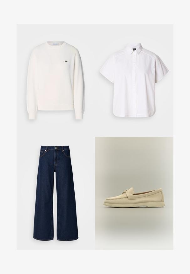 Biela mikina vyrobená z mäkkej textílie, s klasickým okrúhlym výstrihom, dlhými rukávmi, ribovanými manžetami a malým zeleným logom Lacoste na hrudi.; Biela krátka košeľa s krátkym rukávom a výstrihom do špica, s oblým lemom. Vyrobená z bavlny s hladkou textúrou a bez viditeľných vzorov.; Široké tmavomodré denimové džínsy s vysokým pásom, prednými vreckami a zapínaním na gombík. Obsahujú kontrastné švy a hladkú textúru.; Béžové semišové mokasíny s nízkou gumovou podrážkou, mohutným švom a dekoratívnym remienkom cez hornú časť.