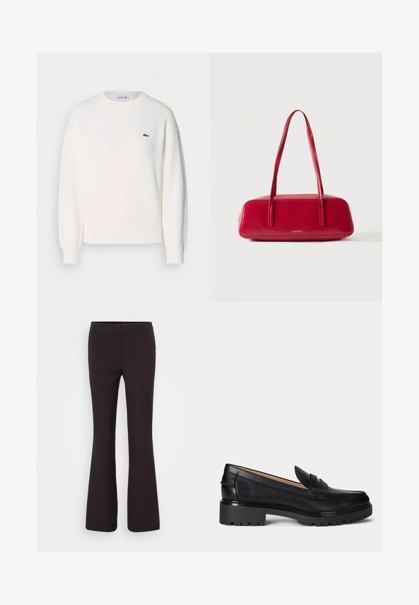 Valkoinen collegepusero, joka on valmistettu pehmeästä kankaasta. Siinä on pyöreä kaula-aukko, pitkät hihat, ribbineuleiset hihansuut ja pieni vihreä Lacosten logo rinnassa.; Gina Tricot Tall RELAXED TROUSERS - Housut - brown; Musta nahkainen loafer, jossa on paksupohjainen kuvioitu pohja, matala korko ja koristeellinen remmi edessä.; Punainen suorakulmainen käsilaukku pitkillä hihnoilla ja pienellä kultaisella "Calvin Klein" -logolla edessä, esitetty valkoista taustaa vasten.