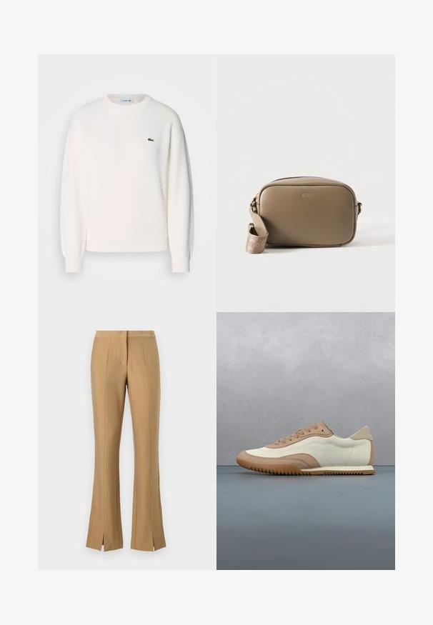 Sweatshirt blanc en tissu doux, avec un col rond, des manches longues, des poignets côtelés et un petit logo vert Lacoste sur la poitrine.; Pantalons évasés beige avec fentes à l'avant, fabriqués en tissu lisse. Caractéristiques : une taille plate et des plis marqués qui descendent le long des jambes.; Baskets crème et beige avec une tige texturée, des lacets et une semelle en caoutchouc, présentées au-dessus d'une surface en bois avec des cailloux.; Sac bandoulière rectangulaire en cuir taupe avec logo BOSS doré et sangle en tissu de marque amovible sur fond blanc.