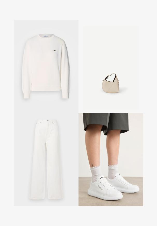 Hvid sweatshirt lavet af blødt stof, med rund halsudskæring, lange ærmer, ribbede manchetter og et lille grønt Lacoste-logo på brystet.; Hvide højtaljede brede jeans lavet af denim. Har frontlommer, knaplukning og afrivede kantdetaljer.; Hvide lædersneakers med en glat tekstur, der har sort branding på siderne og runde såler, båret med lyse ribbede strømper.; Beige læder håndtaske i halvmåneform med en enkelt skulderrem og minimal syning, sat mod en ensartet hvid baggrund.
