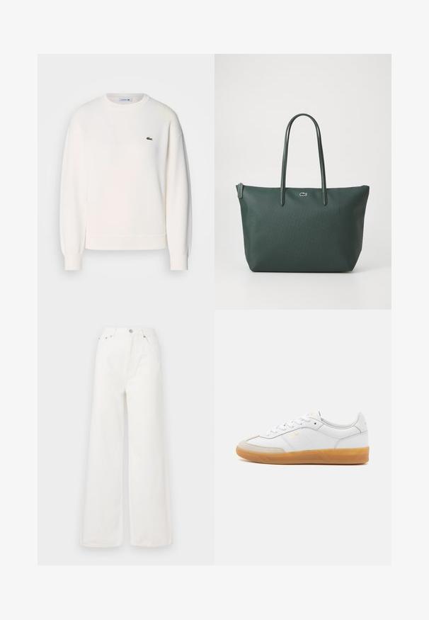 Biela mikina vyrobená z mäkkej textílie, s klasickým okrúhlym výstrihom, dlhými rukávmi, ribovanými manžetami a malým zeleným logom Lacoste na hrudi.; Biele vysoké džínsy s širokými nohavicami vyrobené z denimu. Majú predné vrecká, zapínanie na gombík a rozstrapkané detaily na spodnom leme.; Biele kožené tenisky s béžovými semišovými detailmi, gumenou podrážkou a šiškami na viazanie. Obsahujú jemné značkovanie v zlatej farbe.; Tmavozelená taška cez rameno vyrobená z textúrovaného materiálu s dvoma dlhými uchami, s malým logom na prednej strane a zatváraním na zips.