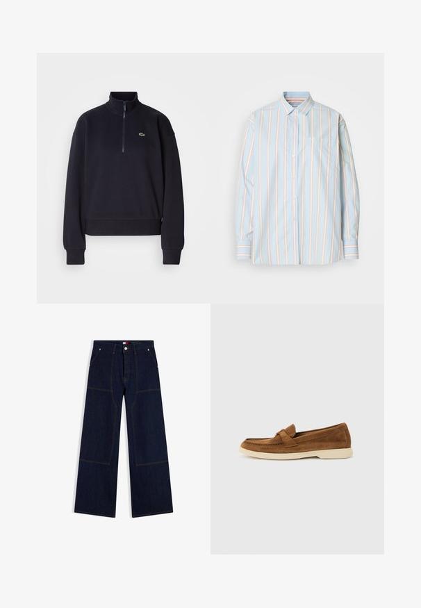 Sweatshirt bleu marine avec col haut et zip quart, doté de manches longues et d'un ourlet côtelé. Comprend un petit logo vert sur la poitrine.; Chemise bleu clair à boutons, avec des rayures verticales blanches et rose pâle. Comprend une poche poitrine et des poignets rayés contrastés. Texture de tissu douce.; Jean en denim bleu foncé à jambes larges avec coutures visibles, poches avant, passants de ceinture et fermeture par bouton à la taille.; Mocassin en daim marron avec coutures mocassin et semelle en caoutchouc beige, vue de côté sur un fond gris clair uni.