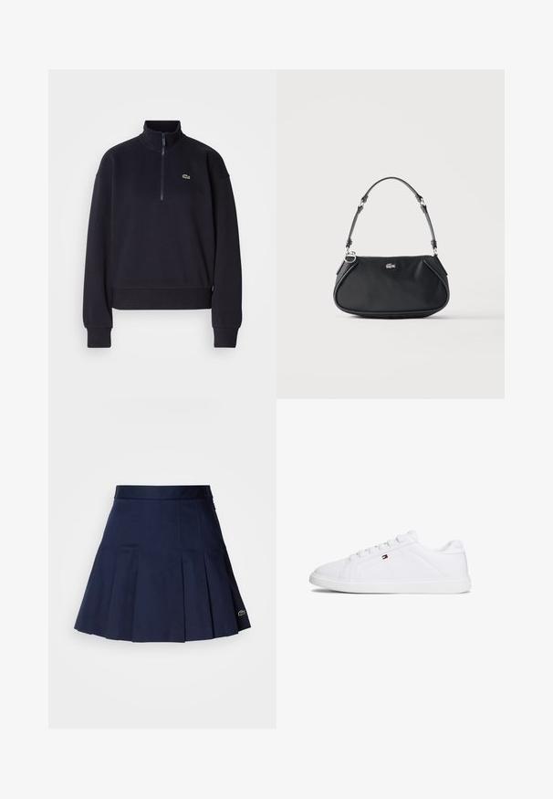 Marineblå sweatshirt med høj krave og lynlås i kvart længde, med lange ærmer og ribbet kant. Inkluderer et lille grønt logo på brystet.; Mørkeblå plisseret nederdel med en tætsiddende talje, lavet af et glat stof. Har et lille Lacoste-logo i kanten.; Hvid sneaker med glat syntetisk overdel, rund tå og gummisål. Har seks snørehuller og et lille logo på siden.; Sort skuldertaske med justerbar rem, lynlås og lille sølv krokodille logo foran i midten.