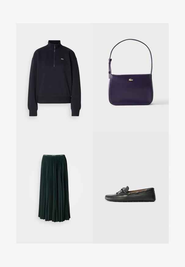 Marineblauwe sweatshirt met een hoge kraag en kwart-rits, voorzien van lange mouwen en een ribbelzoom. Inclusief een klein groen logo op de borst.; Lange, geplooide rok in donkergroen met een brede tailleband met de merknaam "LACOSTE" in contrasterende groene letters.; Zwarte leren bootshoe met een ronde neus, gestikte details, een kleine strikaccent en een rubberen zool. Soepele textuur en gestroomlijnd ontwerp.; Kleine donkerpaarse leren schoudertas met dun verstelbaar riempje en klein gouden krokodillenlogo vooraan in het midden.