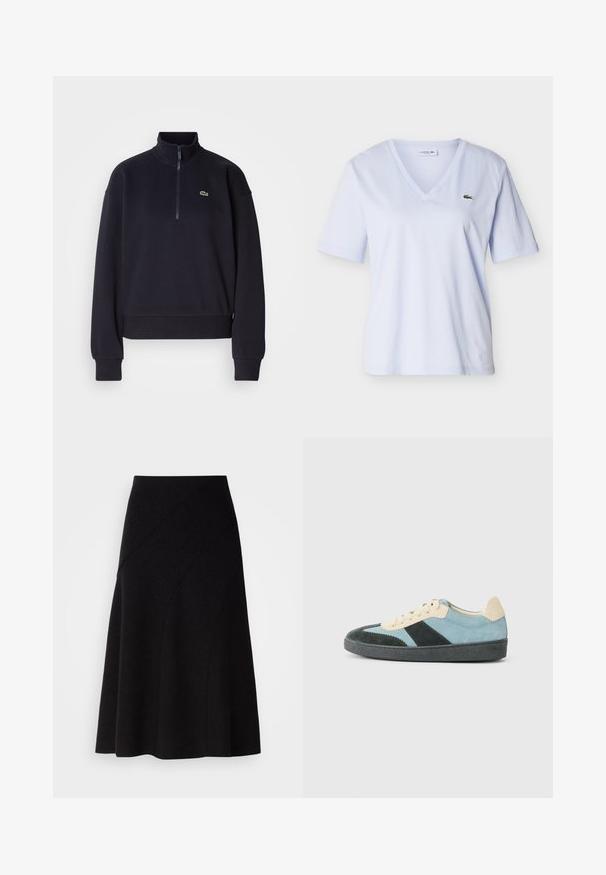 Marineblå sweatshirt med høj krave og lynlås i kvart længde, med lange ærmer og ribbet kant. Inkluderer et lille grønt logo på brystet.; Lyseblå kortærmet T-shirt med V-hals og en lille grøn krokodille-logo på venstre bryst, vist på en ensfarvet baggrund.; Sort uld A-line nederdel med mellem høj talje, der har diagonale sømdetaljer og en glat tekstur, der falder lige under knæet.; Lavtop sneakers i lyseblå, mørkegrøn og beige ruskind med sort sål og beige snørebånd, vist fra ydersiden.