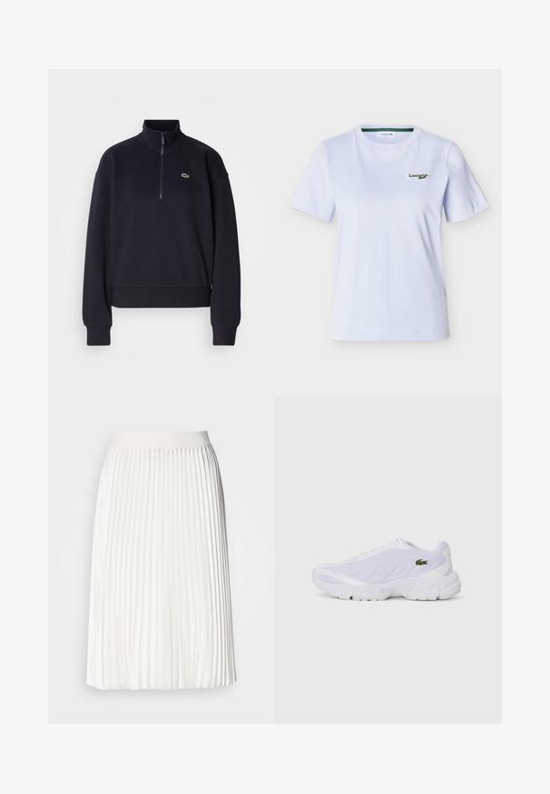 Marineblauwe sweatshirt met een hoge kraag en kwart-rits, voorzien van lange mouwen en een ribbelzoom. Inclusief een klein groen logo op de borst.; Witte T-shirt met korte mouwen en ronde hals, met een klein groen Lacoste-logo geborduurd op de linkerborst.; Plissé witte rok met een gladde tailleband, knielange ontwerp, met een vloeiende textuur en constante verticale plooien.; Witte sportschoenen met bovenwerk van mesh, textuurdesign en gevoerd kraagje. Beschikt over een groen logo aan de zijkant en een gevoerde zool voor comfort.