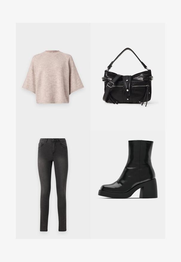 Pull en maille beige clair avec manches courtes larges et col rond haut, présenté sur un fond uni.; Jean skinny noir avec une texture en denim lisse, design à cinq poches et fermeture à bouton en métal à la taille.; Bottines noires à finition brillante, bout carré et épais talon bloc. Le design présente une silhouette homogène et un branding minimal.; Even&Odd by Zalando H24462 - Sac à main - black