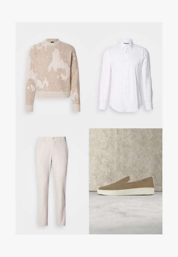 Beige und cremefarbener strukturierter Strickpullover mit abstrakten Mustern, geripptem Rundhalsausschnitt, Bündchen und Saum, auf weißem Hintergrund präsentiert.; Weißes Langarmhemd aus glattem Stoff mit klassischem Kragen und durchgehender Knopfleiste, das einen abgerundeten Saum hat. Die Knöpfe sind dezent glänzend.; Beige Hose mit schmalem Schnitt, mit einer Knopfverschlus, flacher Vorderseite und geradem Beinansatz, aus glattem Baumwoll-Mischgewebe.; Beiger Slipper mit weißer Sohle, in der Luft über einem hellen Teppich schwebend, mit bernsteinfarbenen transparenten Möbeln im Hintergrund.