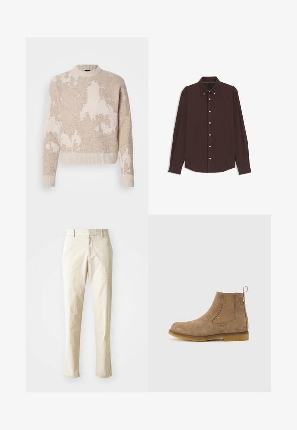 Beige og creme farvet tekstureret strikket sweater med abstrakte mønstre, ribbet rund hals, manchetter og kant, præsenteret på en hvid baggrund.; Langærmet mørkebrun skjorte med krave, hvide knapper og lille broderet logo på venstre bryst.; Lys beige skræddersyede bukser med et tekstureret mønster, lige pasform og medium høj talje, der har bæltestropper og ingen synlige lommer.; Lysebrun ruskinds Chelsea-støvle med elastiske sidepaneler, træk-flap ved hælen og gummisål.